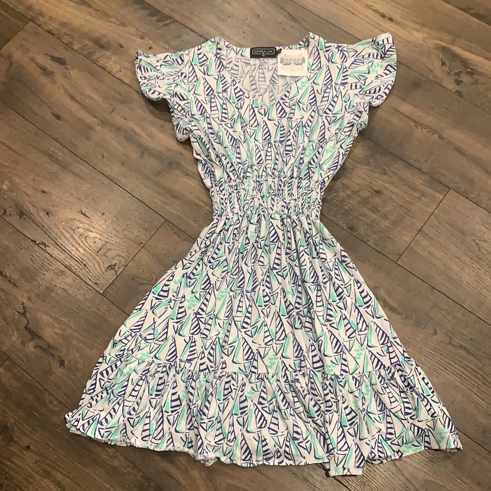 NWT Duffield Lane Leona Dress Sailboat Print Size XS with White, Blue & Green